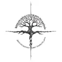 greek mythology, ancient architecture, spirituality, tree of life, word spine tattoo in the middle, fine line with minim tattoo design idea