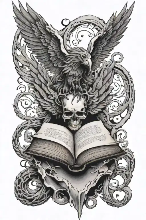 An death angel with wings  writing lyrics on a book with broken heart on the cover tattoo design idea
