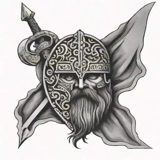 A viking with a danish flag and christian cross surrounded my enimies tattoo design idea