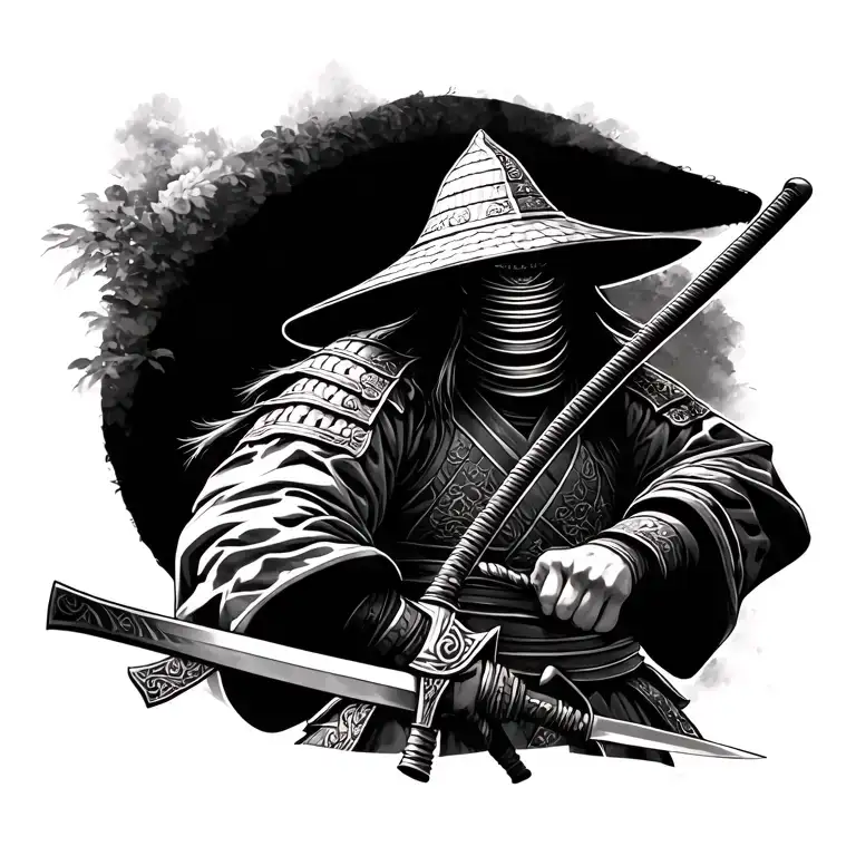Japanese Samurai holding a sword and you cant see his face with a samurai hat on tattoo design idea