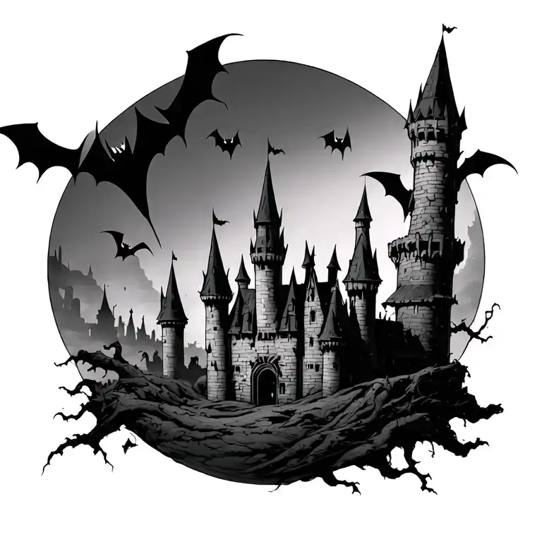  vampires castles and bats flying tattoo design idea