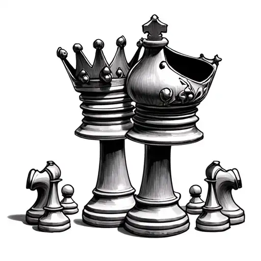 I need a tattoo based on chess pieces. I want a king and queen central on the tattoo, surrounded by 5 pawns. tattoo design idea