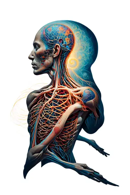 Alex Grey’s visionary anatomical human. Skinless/anatomical body Energy lines/lightSacred geometryFloating/suspended Crea tattoo design idea