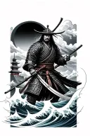 samurai warrior with Japanese temple in background some waves as a flow realistic design tattoo design idea