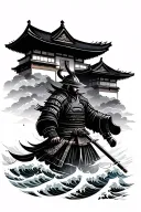 samurai warrior with Japanese temple in background some waves as a flow realistic design tattoo design idea