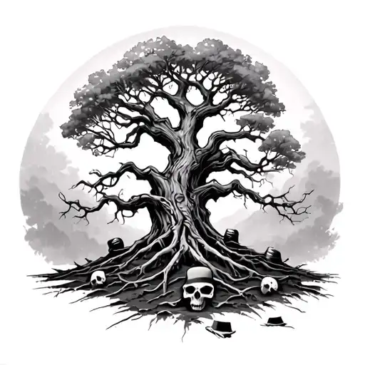 The tree yggdrasil in the middle, underneath in the soil a barely visible skull and some loose bones as well as a fedora tattoo design idea