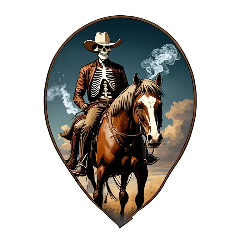 skeleton cowboy riding a horse and smoking  tattoo design idea
