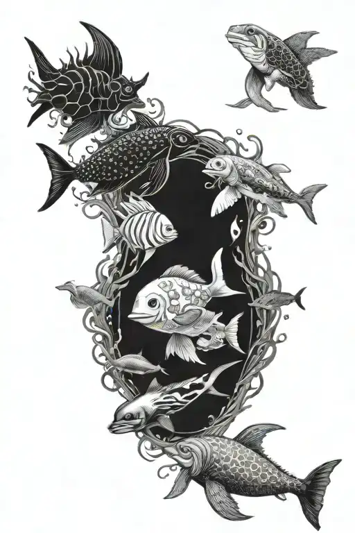 various sea creatures swimming tattoo design idea