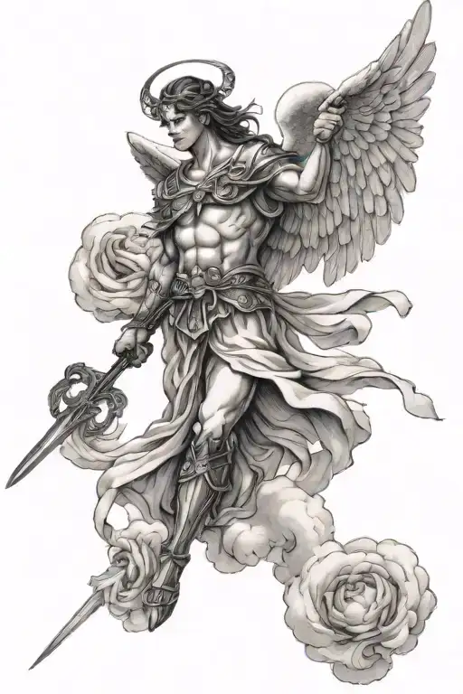 an angel in the clouds holding a sword with a scale of justice behind him tattoo design idea