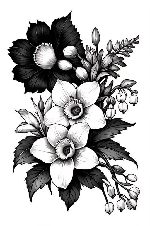 black and white men's floral tattoowith daffodil, jonquil, lily of the valley, hawthorn, and chrysanthemum flowers tattoo design idea