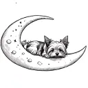 Yorkie dog sleeping in waxing crescent moon. sketchy. minimal. tattoo design idea
