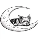 Yorkie dog sleeping in waxing crescent moon. sketchy. minimal. tattoo design idea