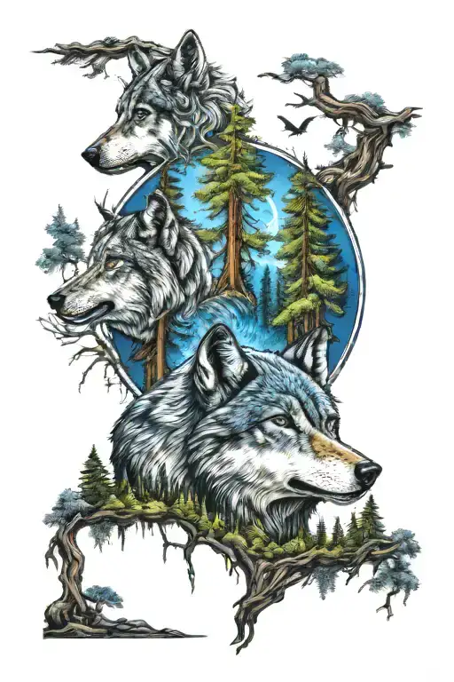 wolf in blue eyes howling forest scene tattoo design idea
