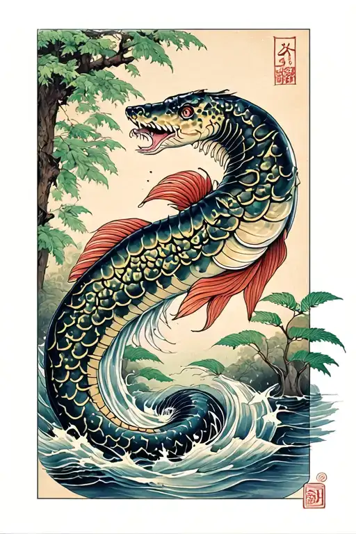 Eel swimming through a forest tattoo design idea
