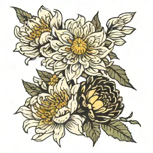 chrysanthemum, daisy, honeysuckle, narcissus, peony tattoo design idea