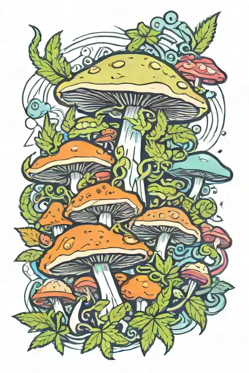cannabis and mushrooms with aliens  tattoo design idea
