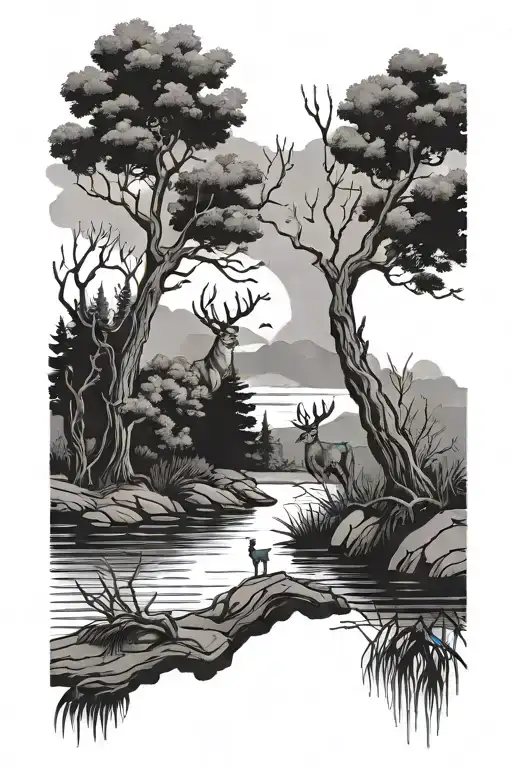 trees and deer with a river and ducks flying away tattoo design idea