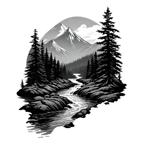 mountain stream meandering through a dense tattoo design idea