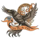 raven flying in the front of yggdrasil carrying a ribbon that says one day at a time  tattoo design idea