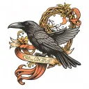 raven flying in the front of yggdrasil carrying a ribbon that says one day at a time  tattoo design idea