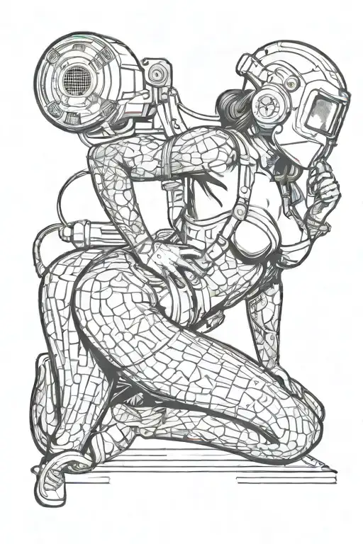 sexy pin up donning welding mask and lingerie, big, round ass,  over on her knees using torch, she's very fit. not weird tattoo design idea