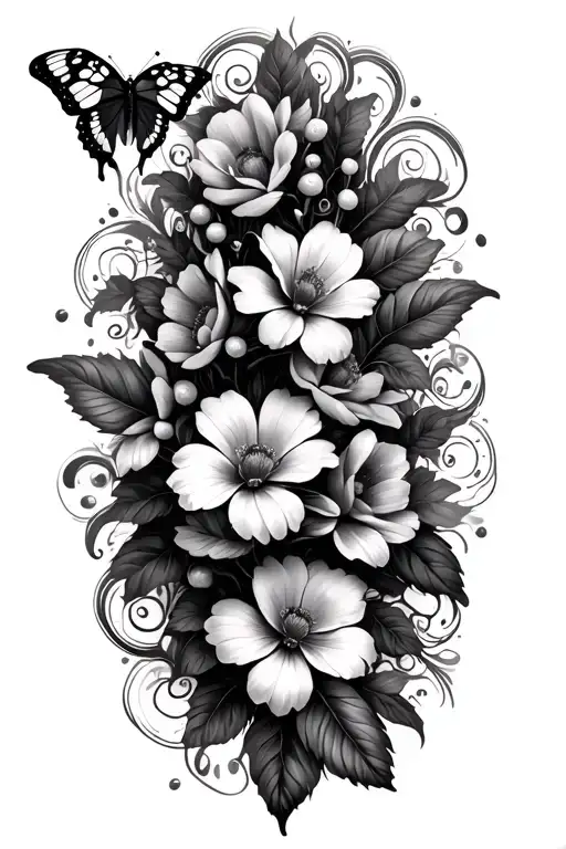 flowers and butterflies with swirls (less dark) tattoo design idea