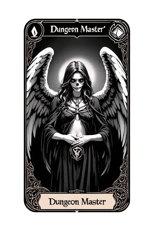 "Dungeon Master " death, Dungeons and dragons, tarot card, female angel of death, wings, d20, nsfw, nudity, boobs, tits, viscerals, organs tattoo design idea