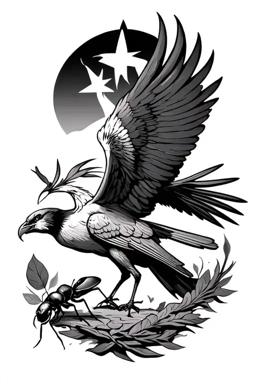 a phoenix flying under a philant star brings a leaf of lorium in its beak to an ant alone pushed aside tattoo design idea