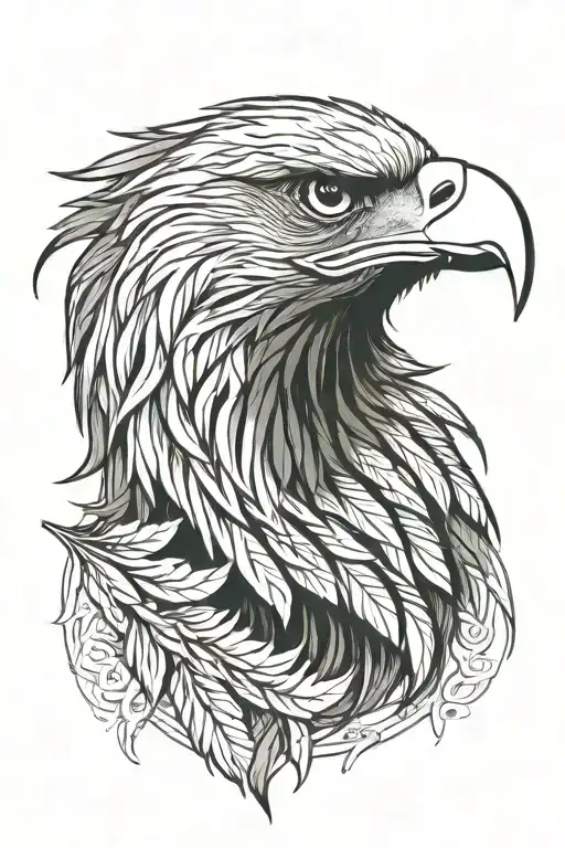 Eagle head profile. Feathers arranged in concentric circles, resembling cannabis leaves. Detailed. tattoo design idea