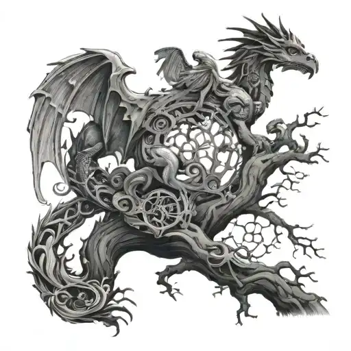 Dragon wrapped around a tree of life, at the top of the tree an owl, at the foot of the tree an Indian, next to it a horse tattoo design idea