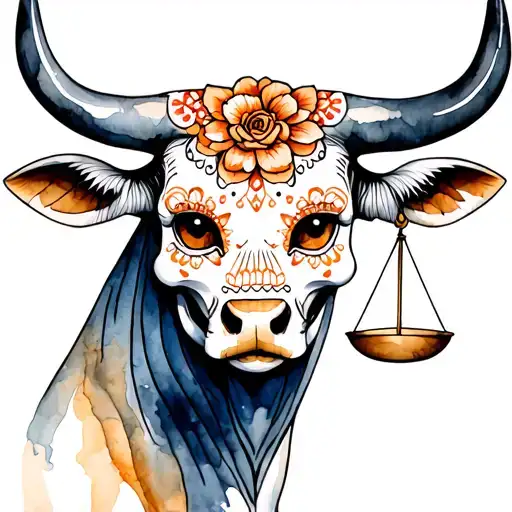 feminine bull with sugar skull markings, brown eyes and two Libra scales and dark background tattoo design idea