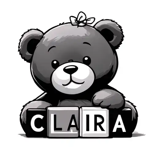 Teddy bear holding block letters spelling Claira tattoo design idea