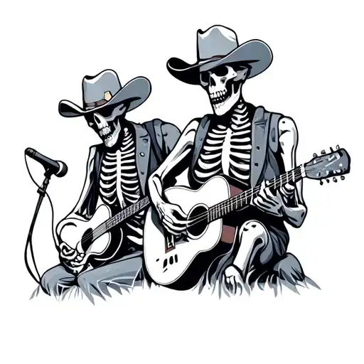 a band of western skeletons playing blue grass country tattoo design idea
