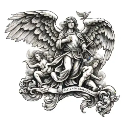 A tattoo of a guardian angel protecting a group of people, incorporating firefighting and navy elements to symbolize your commitment to helping and protecting others tattoo design idea