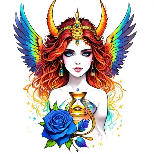 Galaxy dragon Winged red headed grey eyed Egyptian goddess, Star Dust, Hour Glass, rainbow roses, blue roses, gold rose tattoo design idea