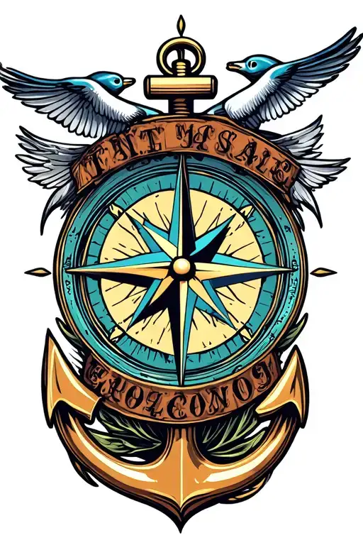 compass, anchor, nautical star, swallows, 444 tattoo design idea