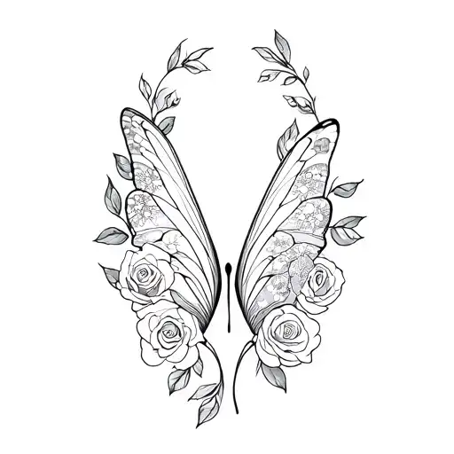 one butterfly wing and the other wing made of roses and stargazer Lillie's  tattoo design idea