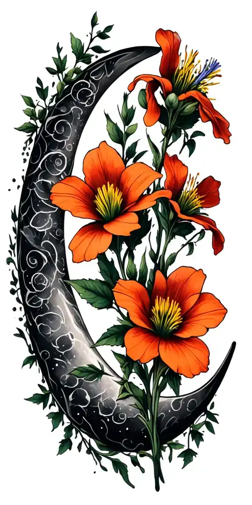 evening primrose, campanula, and balsam in the shape of a crescent moon tattoo design idea