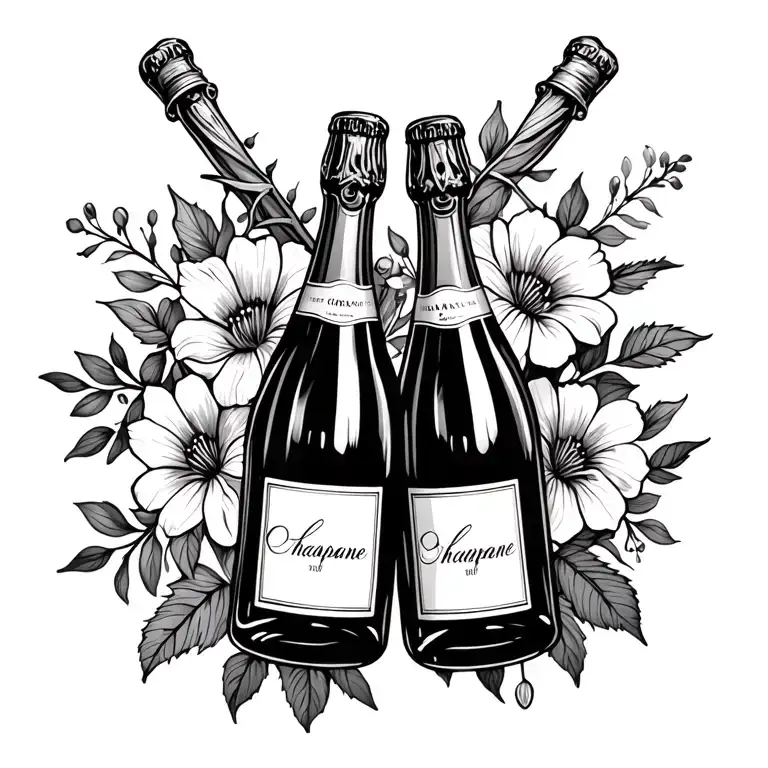 crossed champagne bottles with flowers tattoo design idea
