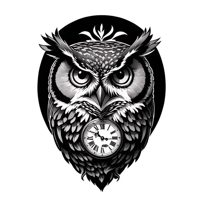 owl and grandfather clock face tattoo design idea