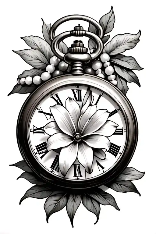 lily, pocket watch, beads wrapping tattoo design idea