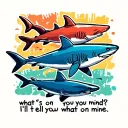 The sentence "what's on you mind? I'll tell you what's on mine", along side colored small sharks with shadows, make them tattoo design idea