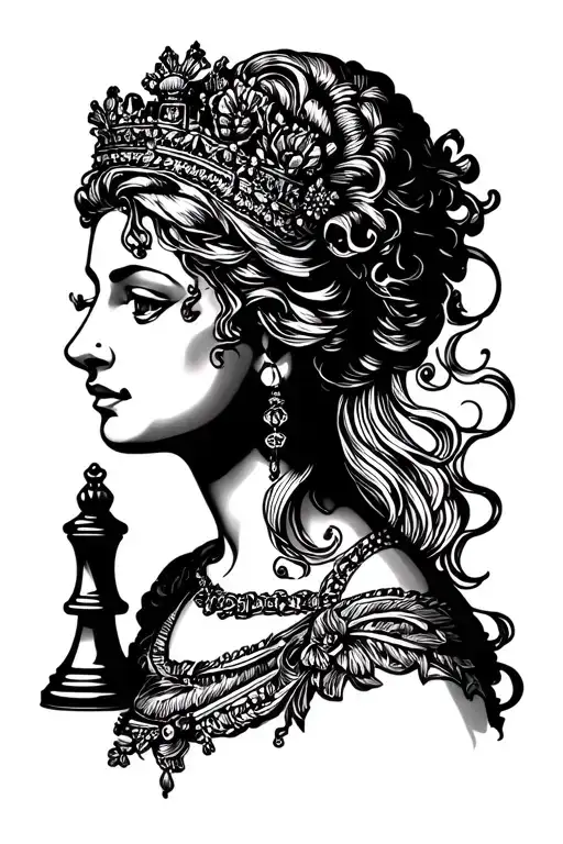 queen chess piece with woman shadow tattoo design idea