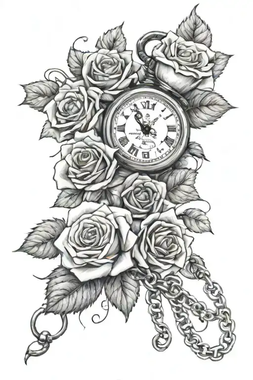 tattoo going from thigh to back roses and a small pocket watch and chain intertwined tattoo design idea