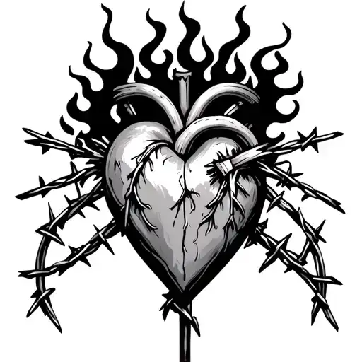 sacred heart with barbed wire and flames coming out of the top  tattoo design idea