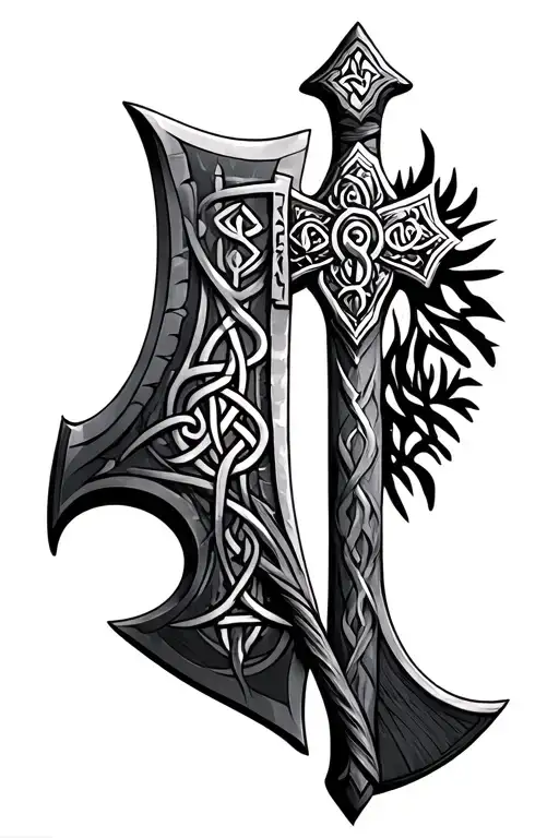 sleeve tattoo of norse viking axe with Celtic cross, runes and knot designs. tattoo design idea