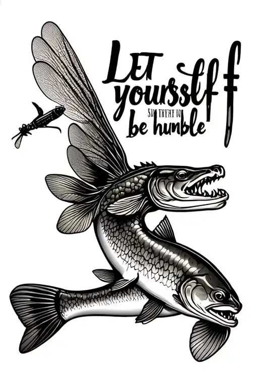 "Let yourself be humble " A northern pike with a dragon fly around it. With a quote within   tattoo design idea