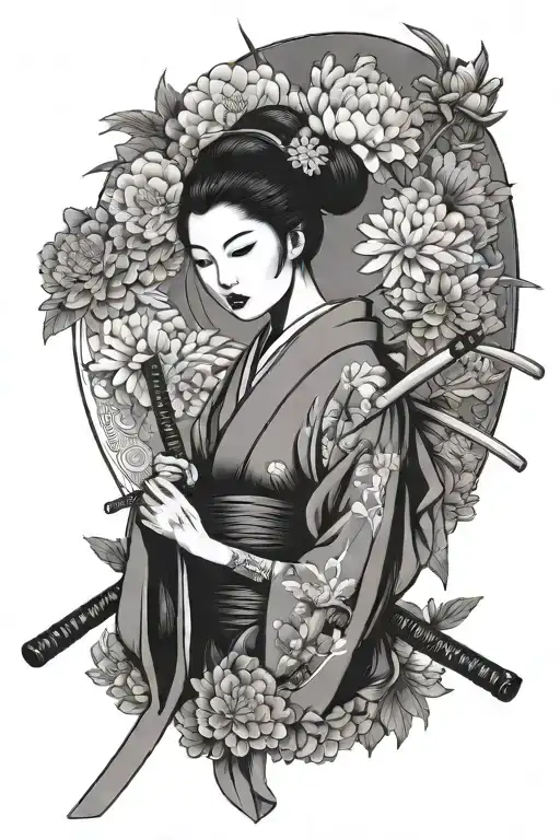 geisha holding a katana, omamori with background filler chrysanthemum floral tattoo design idea