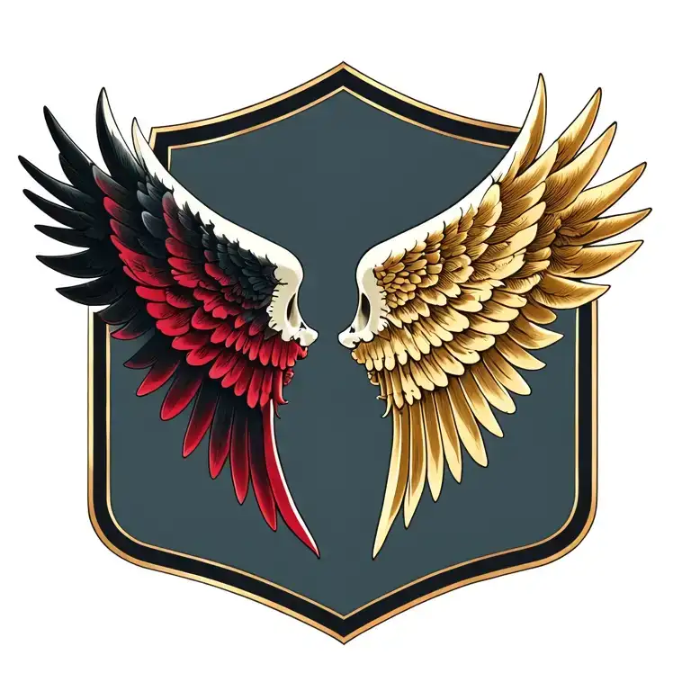 Two wings attached to the spinal bones. The left wing is dark, black with shades of red. The right wing is light, gold.  tattoo design idea