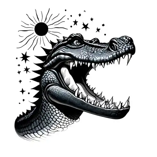 Crocodile with human teeth, the sun and stars bite tattoo design idea